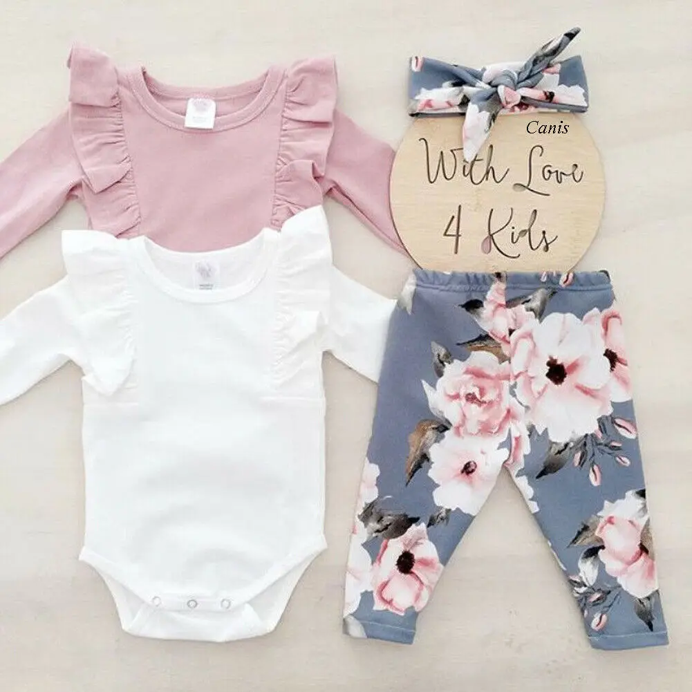 

Newborn Baby Girl Clothes Ruffle Solid Color Top Romper+Floral Print Pants+Headband 3pcs Sunsuit Clothes