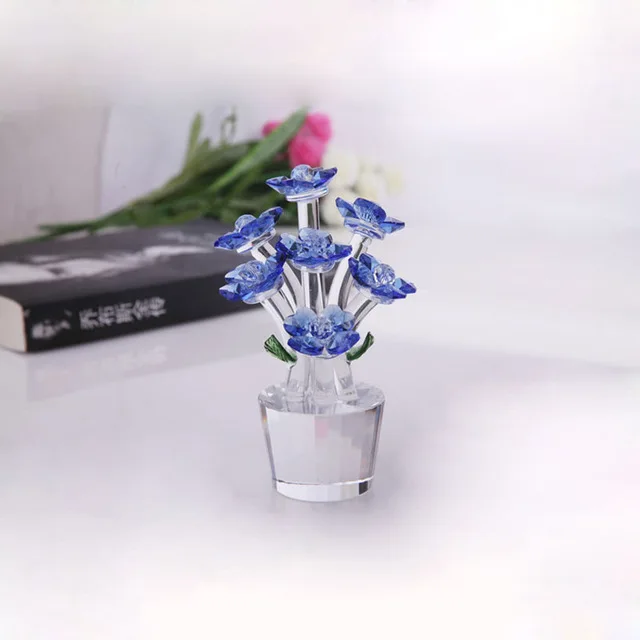 Синий День матери gifCrystal подсолнечника фигурки и миниатюрный Стекло пресс-папье неувядаемой букет Скульптура орнамент Свадебный декор дома - Цвет: Синий