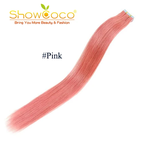 Pink ShowCoco ленты в режиме реального Пряди человеческих волос для наращивания Реми Невидимый Двусторонняя голубая лента темно-Цвета натуральная расширение для тонких волос - Цвет: Pink