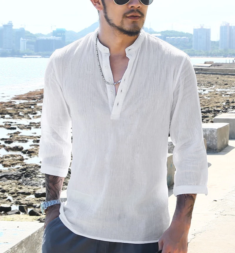 Для мужчин Рубашки для мальчиков воротник-стойка из хлопка и льна человек