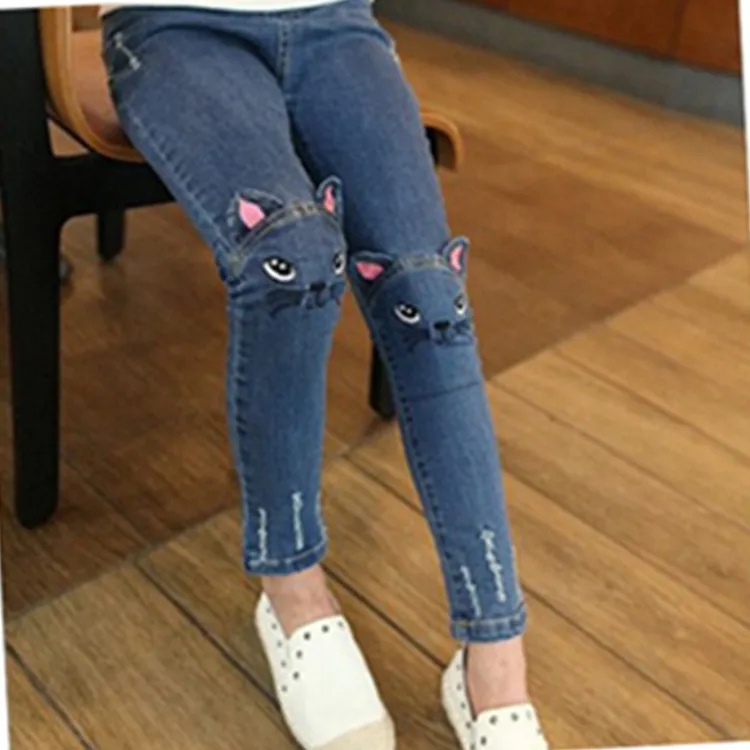 Spring and Autumn Girls' Jeans Korean Children's Wear Cartoon Cat Embroidery Pencil Pants Girls Feet Trousers | Детская одежда