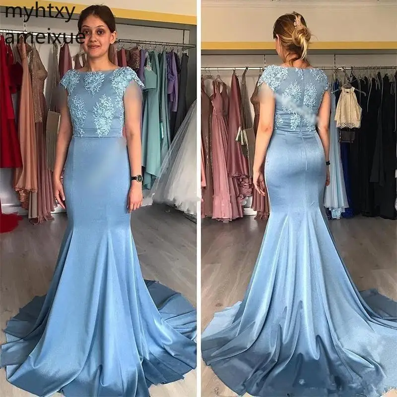 

blue Formal Dress Dresses Robe Long Mermaid Mother Bateau Cap Sleeve Sweep Train Appliques Women Prom Party Gowns Plus Size