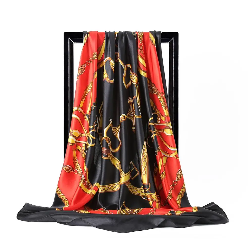 Silk Scarves for Women Print Foulard Satin Square Head Hijab Scarfs For Ladies Luxury Brand Shawls 90*90 Bandana Large Scarf |