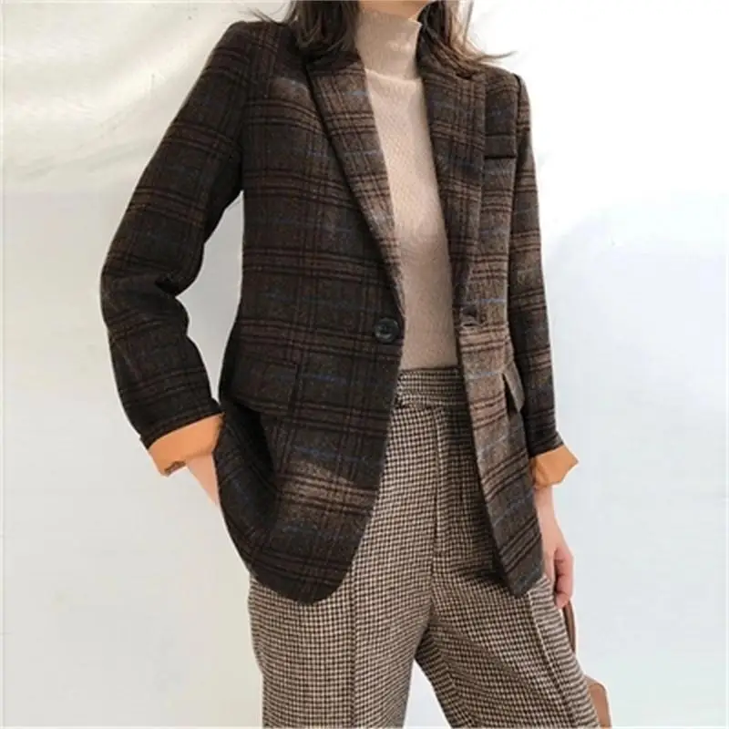 

Plaid Blazers Women jacket Autumn /spring New high quality Vintage plaid woolen small suit jacket female coat women Blazers