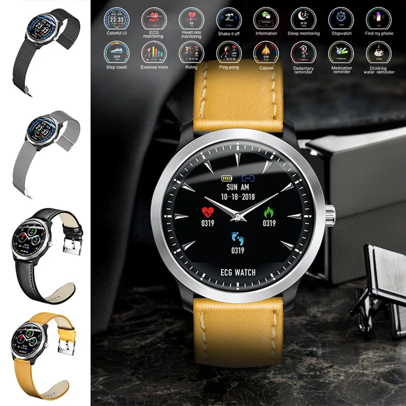 N58 Bluetooth Smartwatch 1,22 дюймов HD ips круглый экран ЭКГ PPG фитнес-трекер стальной/кожаный ремешок мультипликатор спортивные режимы браслет