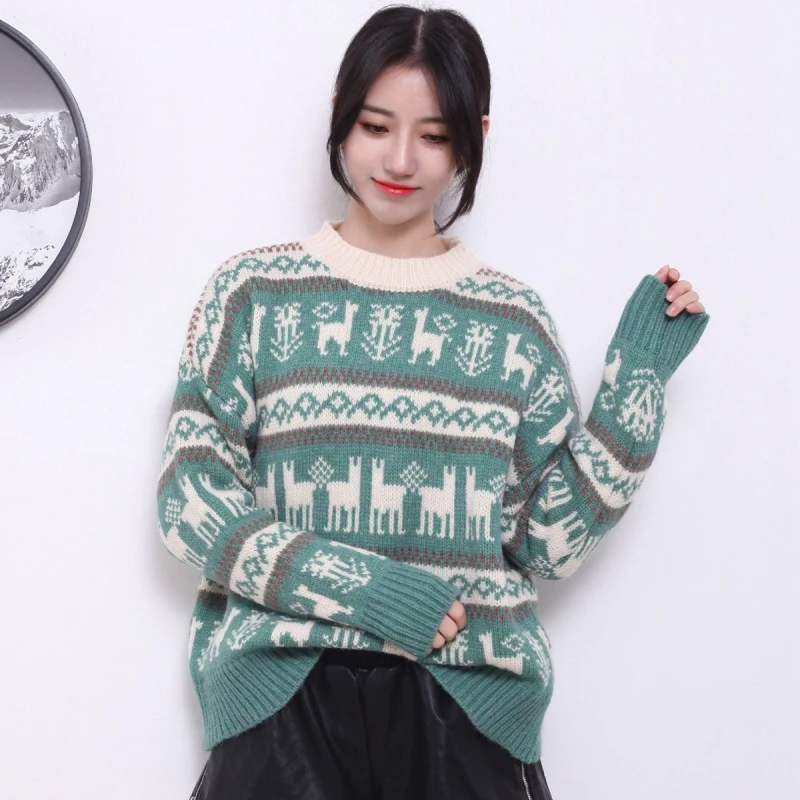 Winter Women Christmas Sweater with Deer Jacquard Korean O-neck Long Sleeve Pullover Thicken Warm Loose Casual knitted Sweaters | Женская
