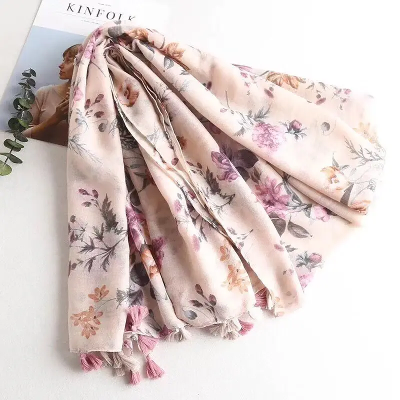 Новые модели для 2018 дамы цветочный принт шарфы хлопок и лен кисточки пляжные