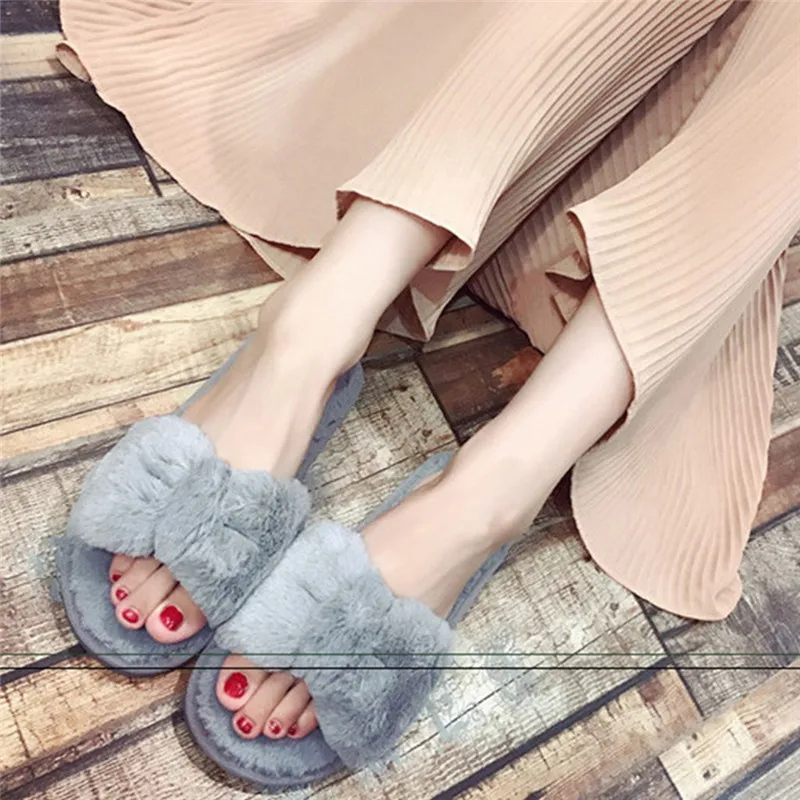 2019 Winter Women's Bow Warm Plush Fur Slippers Female Flat Soft Sliders Home Floor Indoor Bedroom Shoes #40 | Обувь