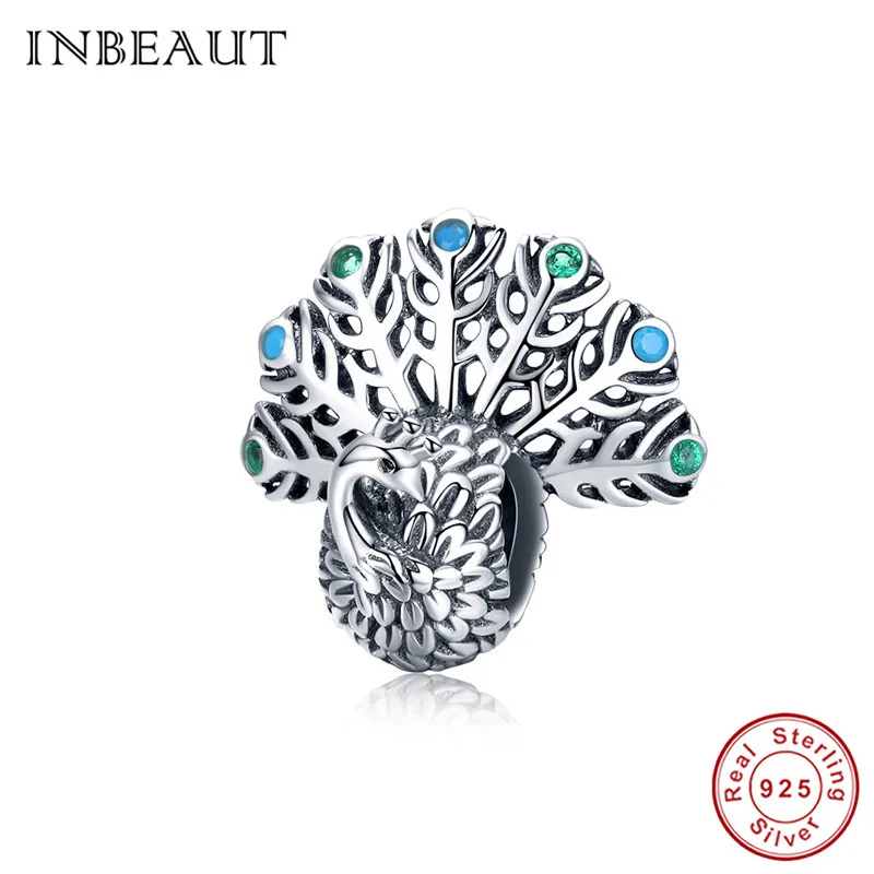 INBEAUT 100% Серебро 925 пробы красочный CZ Fanning свой хвост Павлин бусины Подходит для