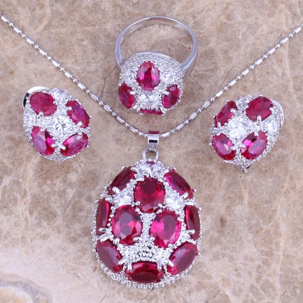 Excellent Red Cubic Zirconia Silver Plated Jewelry Sets Earrings Pendant Ring Size 5 / 6 7 8 9 10 S0241 | Украшения и аксессуары