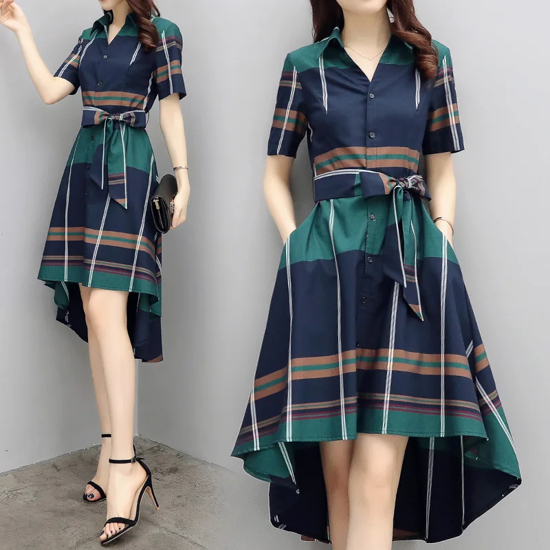 Office Ladies Fashion Dress 2019 Spring Summer Plus Size Women Vestidos De Verano Costume Green BigDress Plaid | Женская одежда