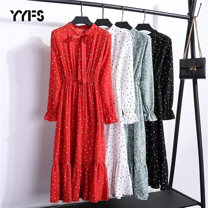 Женское шифоновое платье с воротником-стойкой длинным рукавом и цветочным