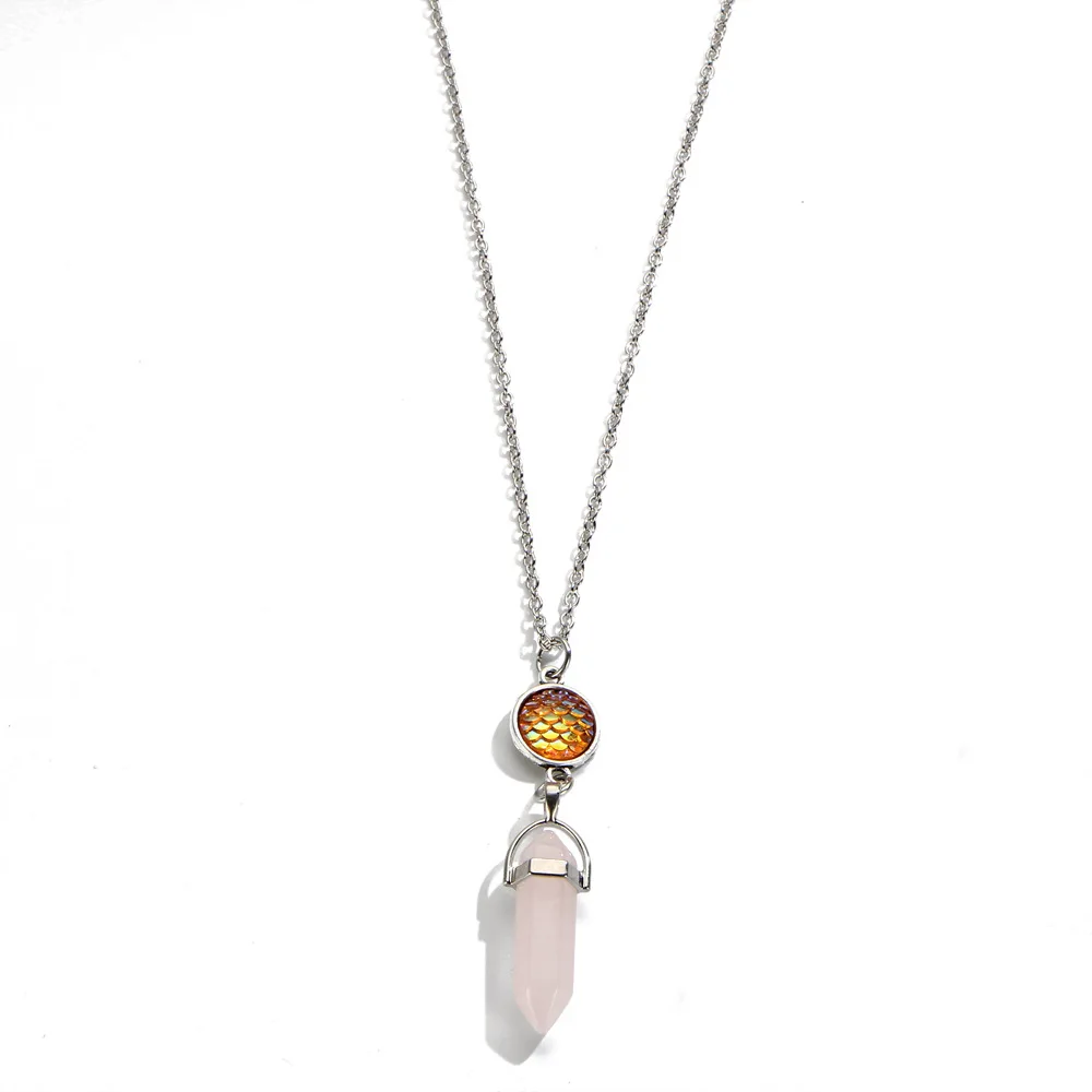 Hexagonal Column Natural Stone Pendant with Fish Scale Chakra Necklace Crystal Quartz Charms  Chain Collana Colier