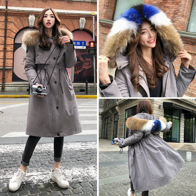 

Colorful raccoon dog fur collar thickening warm winter down coats outerwear women adjustable waist white duck down jackets