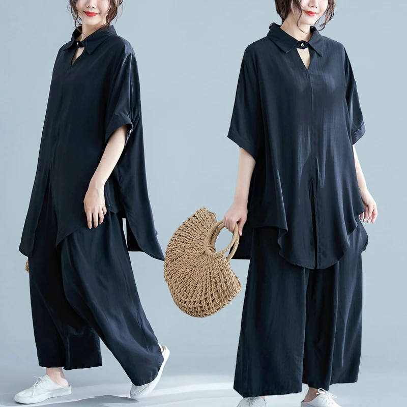 Casual Loose Fat Mm + Wide-legged Blouse Shirt Gray Pink Black Apricot 9168 | Женская одежда