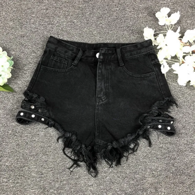 Женские джинсовые шорты Harajuku черные/синие потертые с кисточками бандажные на
