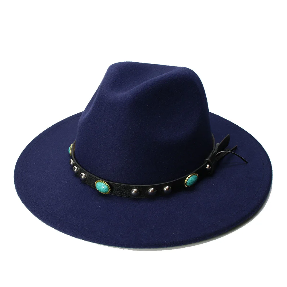

LUCKYLIANJI Retro Women Men Vintage 100% Wool Wide Brim Cap Fedora Panama Jazz Bowler Hat Turquoise Leather Band (57cm/adjust)