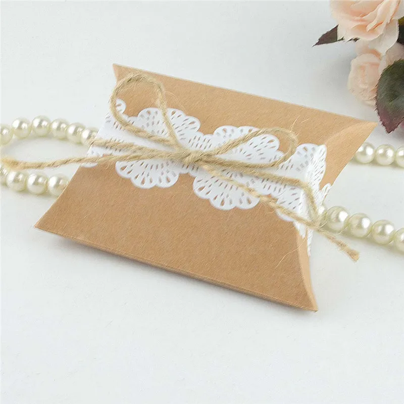 12 шт. крафт бумага кружевная коробка для конфет подушка форма коробки подарков