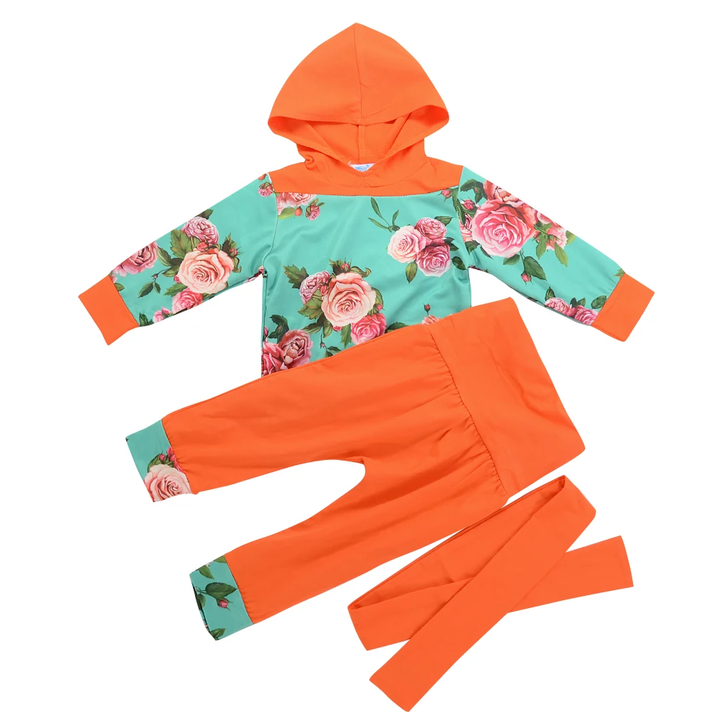 

Infant Baby Kids Clothing Sets Floral Print Hoodies Tops Sweater+Solid Orange Print Pants Headband 3pcs Children Clothes Suits