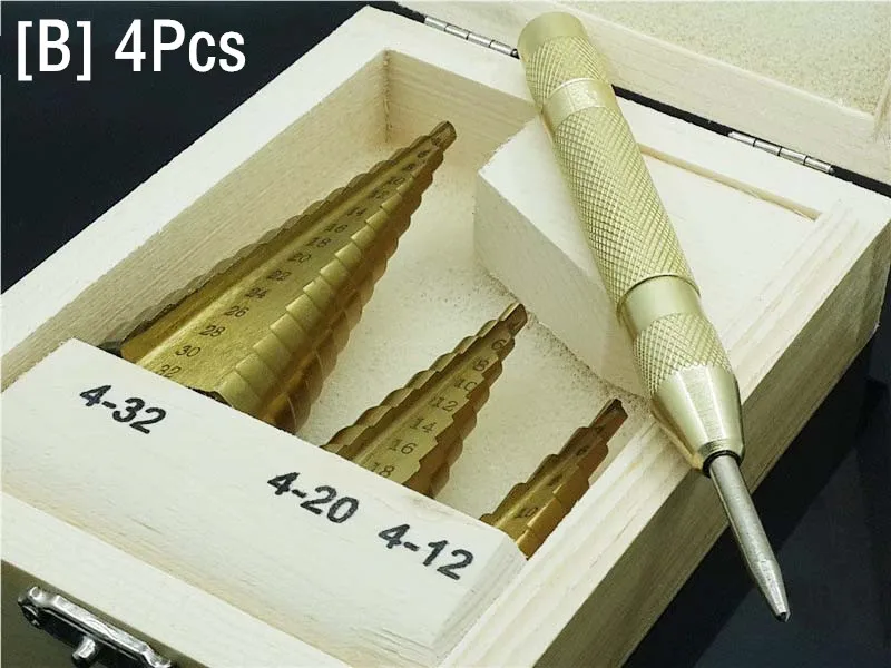 B 4Pcs HSS Титан азота спираль рифленые металлические увеличивающиеся фильтры Сверла Набор для сверления отверстий дерева конус бурения керна пила инструменты Биты+ Кернер - Цвет: B 4Pcs