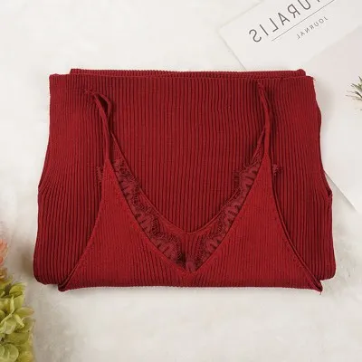 wine red Женское платье на бретельках, лето, кружевное вязаное платье с v-образным вырезом, с разрезом, высокая талия, облегающее платье, vestidos mujer - Цвет: wine red