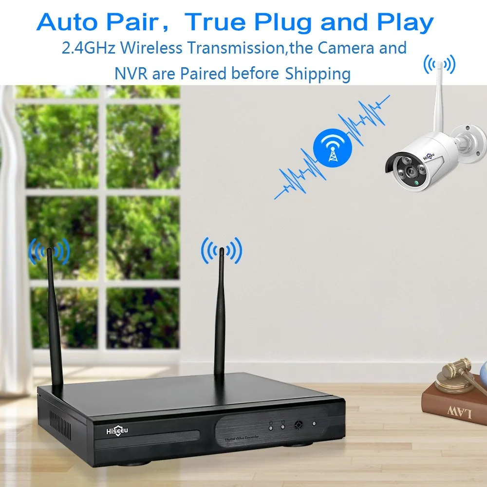 Hiseeu 1080P Беспроводная система видеонаблюдения 4CH NVR IP Bullet камера 2MP видео камера безопасности Система наблюдения