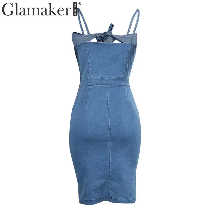 Glamaker, джинсовое, тонкое, с вырезом, миди, сексуальное платье, для женщин, летнее, с бантом, элегантное платье для вечеринки, женское, длинное, с открытой спиной, облегающее, джинсовое платье