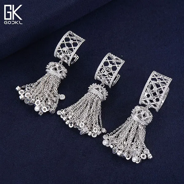 White Set GODKI, роскошные серьги-капли с кисточкой, наборы колец, кубический циркон, Кристалл CZ, ювелирные наборы для женщин, Свадебный индийский свадебный комплект ювелирных изделий - Окраска металла: White Set