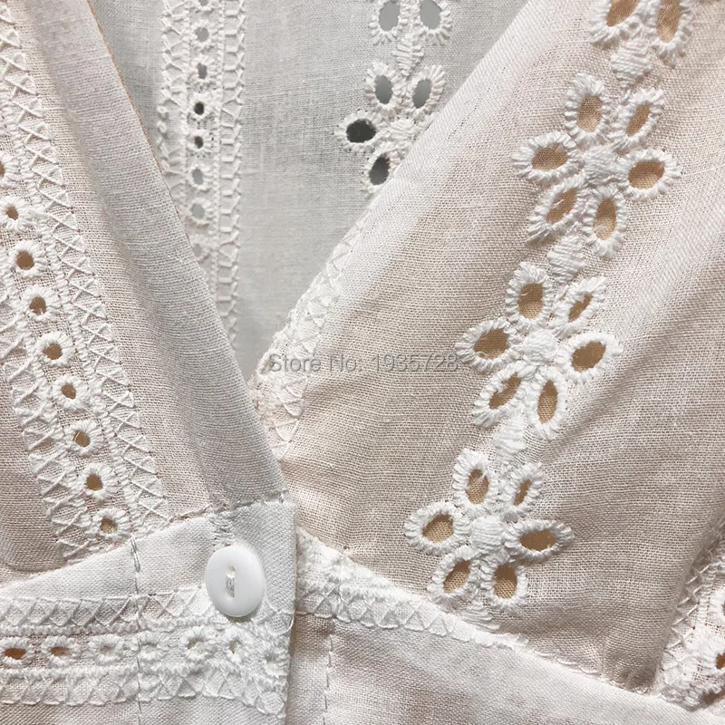 Женская мода BRODERIE anglaise Schiffli Кружево вышивкой глубокий v-образным вырезом талии Bottoned связали Половина рукава с оборками манжеты