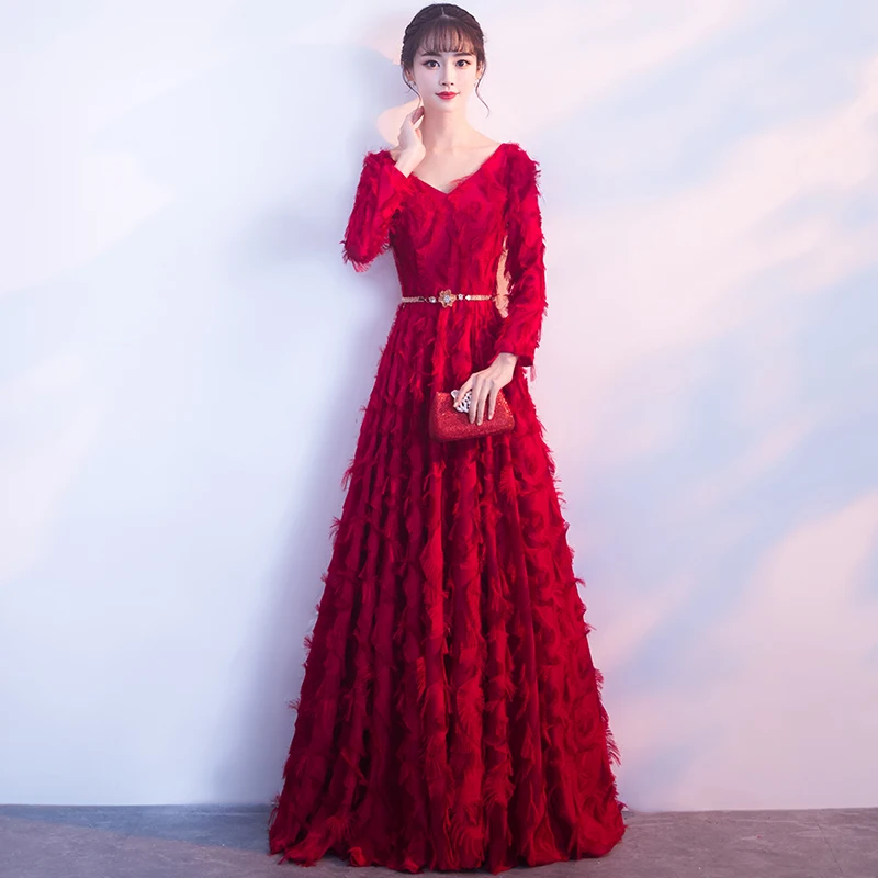 Женское платье с длинным рукавом вечернее в пол из тюля перьями|evening dress|evening dresses