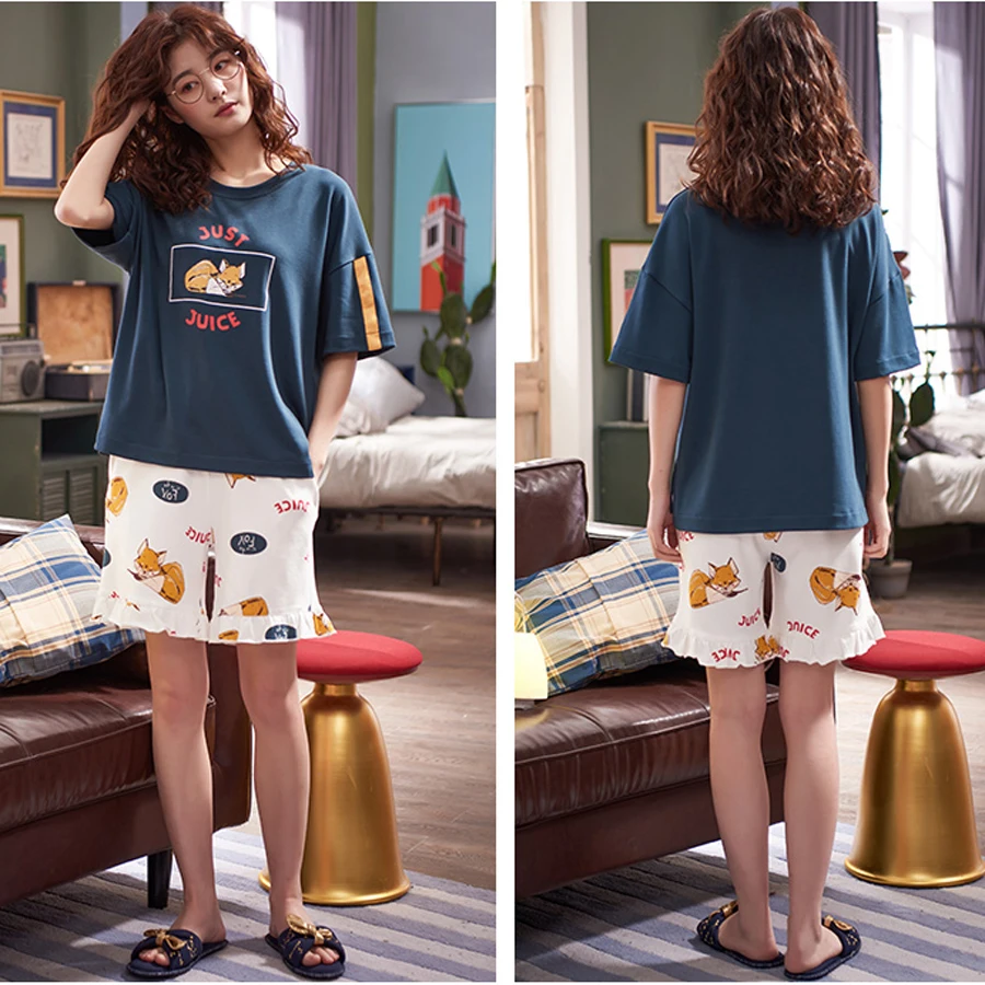 Пижама женская летняя с коротким рукавом тонкая хлопковая мультяшным