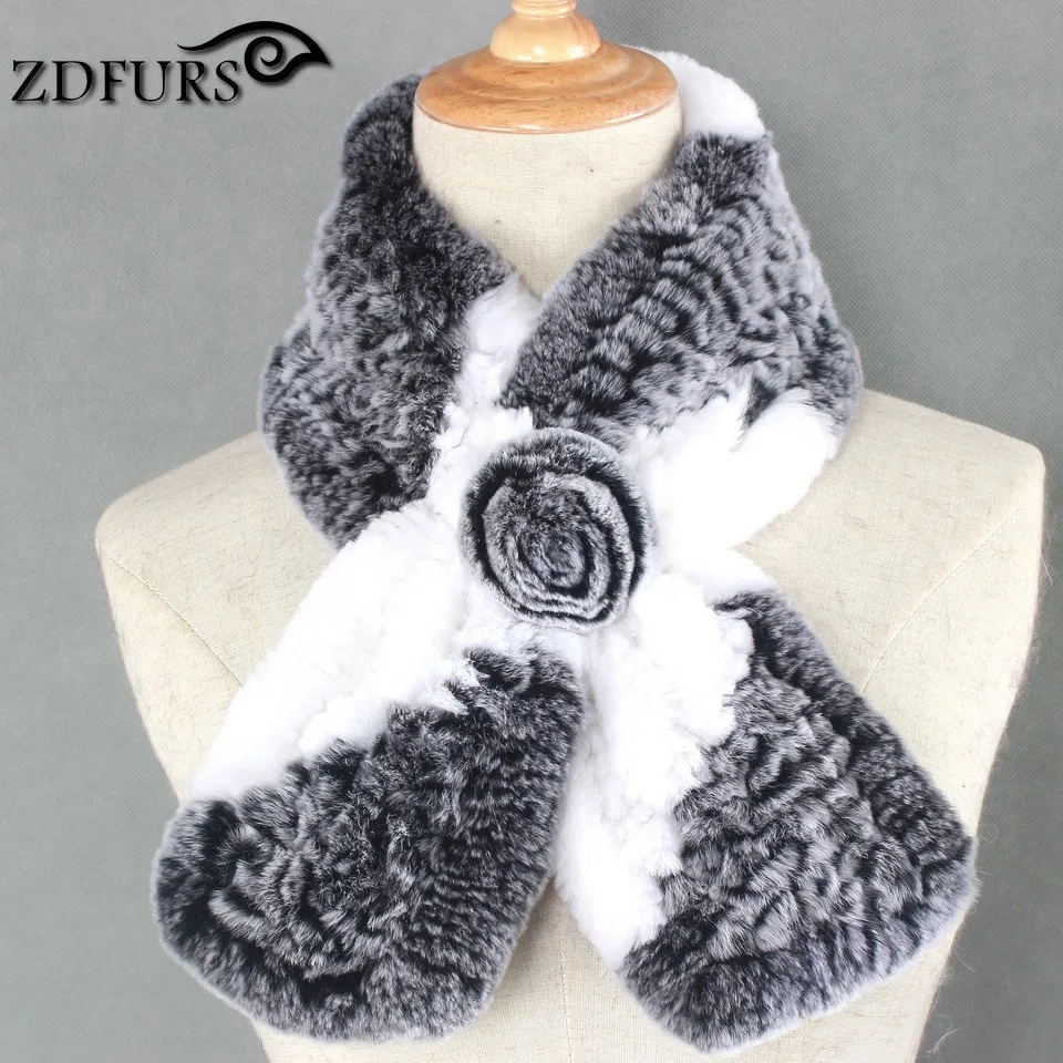 ZDFURS* прекрасный женский Настоящий мех кролика шарфы розовый дизайн девушки шарф из натурального меха обертывания Зимний мягкий бренд кролик глушитель - Цвет: white black