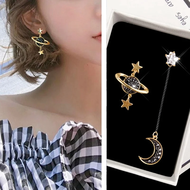 Star Moon Stud Tassel Earrings Universe Pentacle Rhinestone Asymmetrical Woman Boucle D'oreille Jewelry Gift | Украшения и