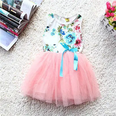 Hot Sale Baby Girls Dress Kids Summer Princess Sleeveless Floral Stripe Tulle Silk Ribbon Lace Bow | Детская одежда и обувь