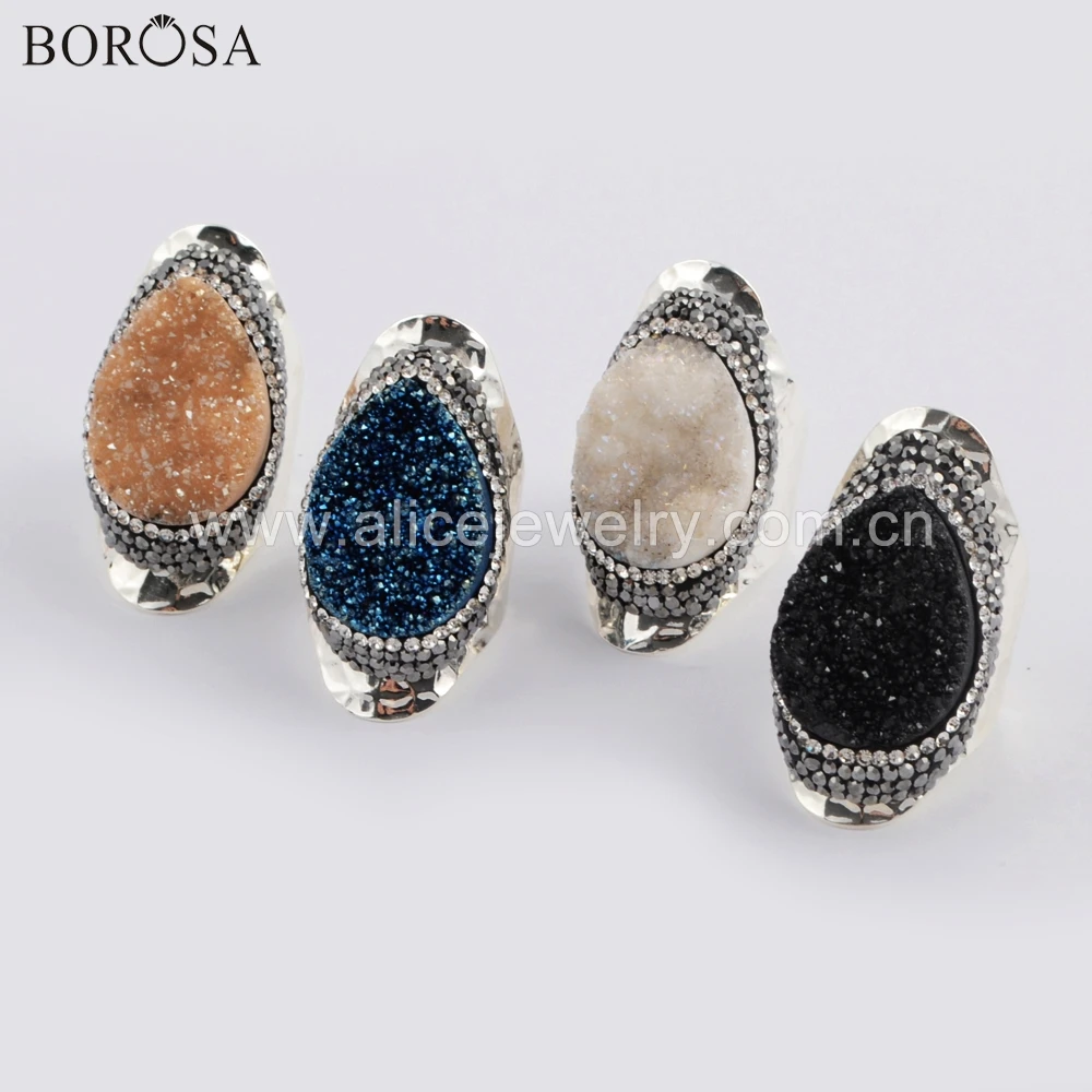 

BOROSA 5PCS Fashion Teardrop High Quality Agates Titanium Druzy Silver Color Bang Ring Crystal&Rhinestone Paved Jewelry JAB955-2