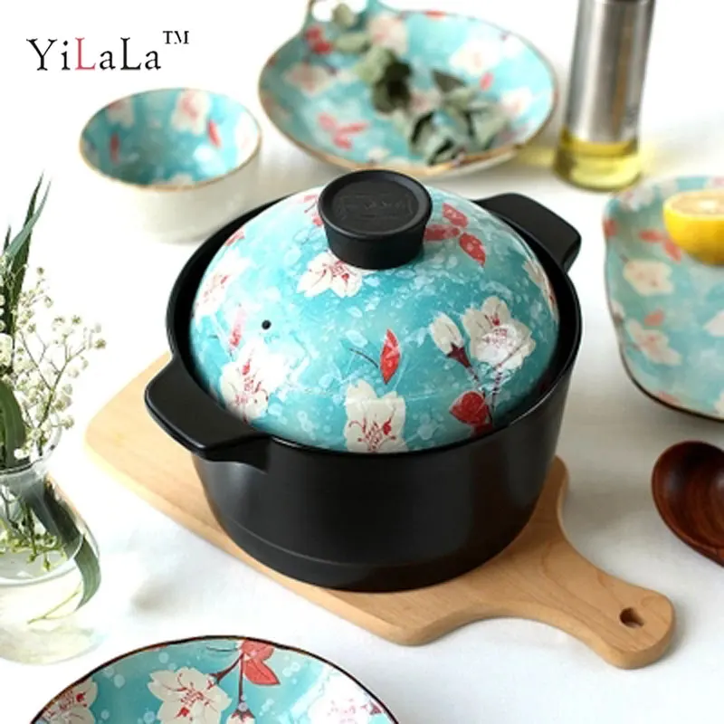 Керамический кастрюльный горшок японского типа Yilala Flower season с двойной крышкой, устойчивый к высоким температурам для варки супов и каш.