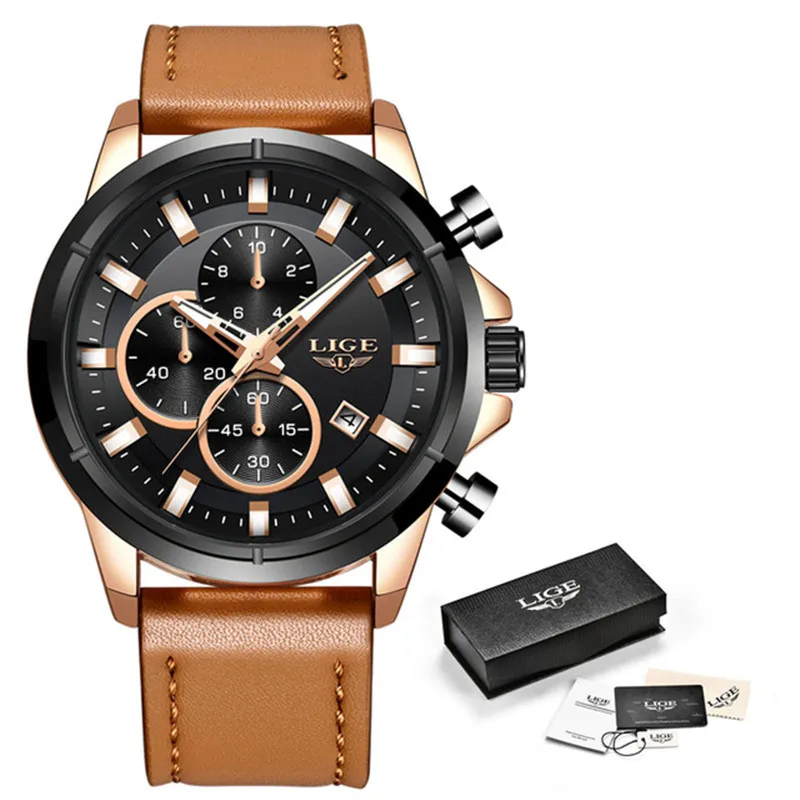 Rose Gold Black Модные синие кожаные часы LIGE мужские s часы лучший бренд класса люкс кварцевые золотые часы для мужчин водонепроницаемый хронограф Reloj Hombre - Цвет: Rose Gold Black