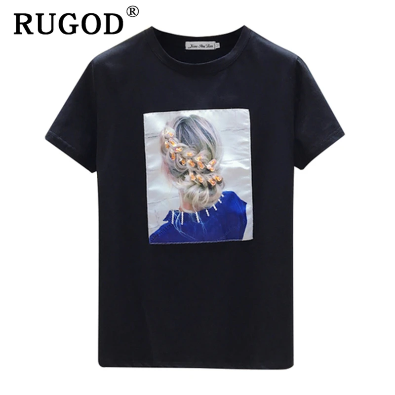 Женская футболка с принтом RUGOD белая свободная круглым вырезом в Корейском стиле