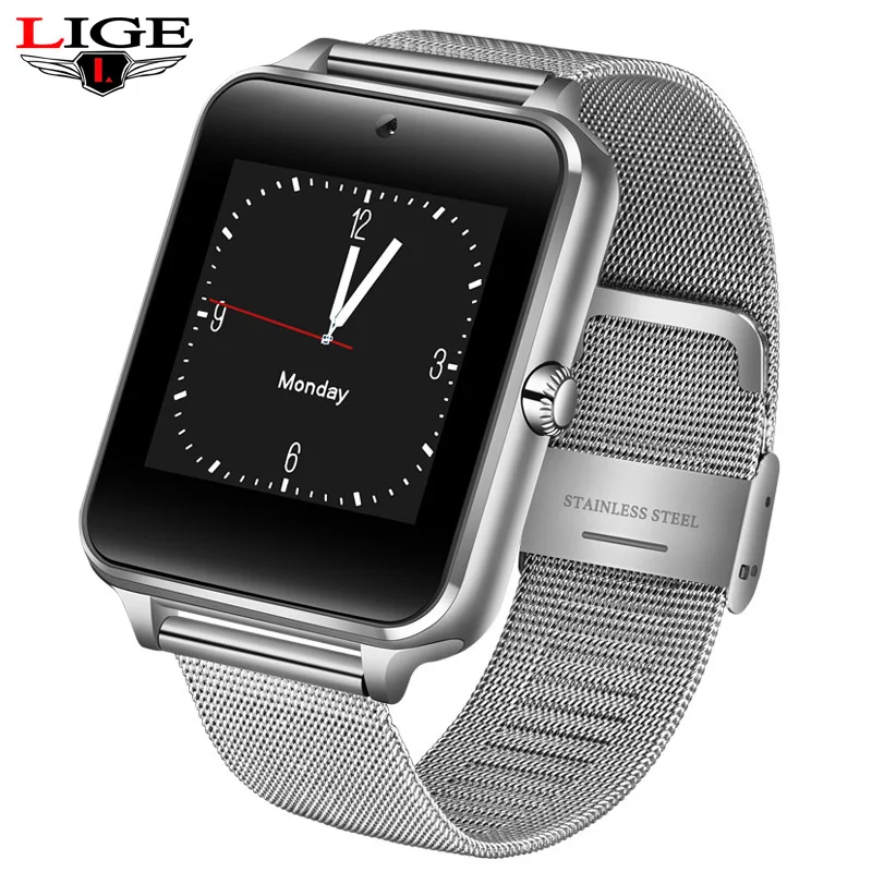 Silver 2019LIGE новые роскошные модные часы Smart Watch Для мужчин информация напоминание светодиодный большой дисплей экран SIM карта TF спортивные Для мужчин Смарт-часы - Цвет: Silver