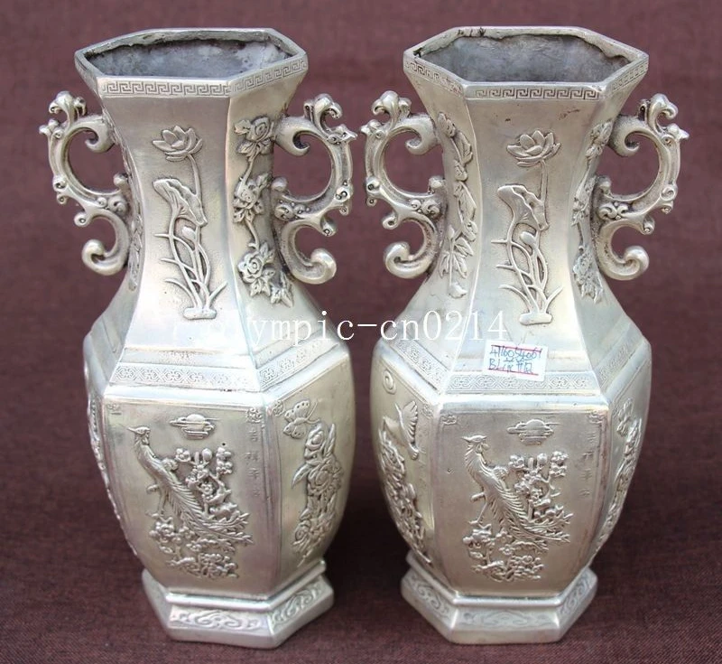 

Pair 9'' bronze copper silver plating carvings birds flower design vase statue