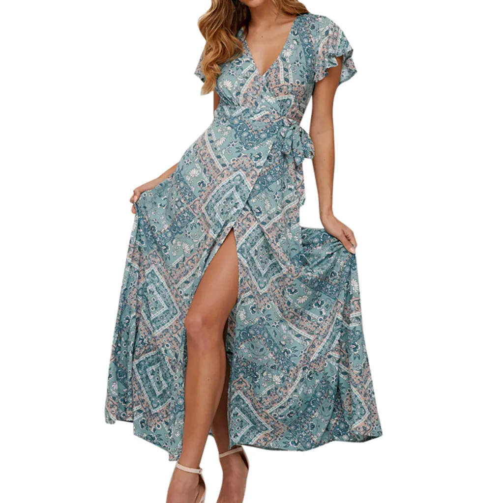 Свободное женское платье из страуса, бохо, длинное, VNeck, цветочное, синее, вечернее пляжное платье, сарафан, растущее, свежее, модное, женское платье, летнее