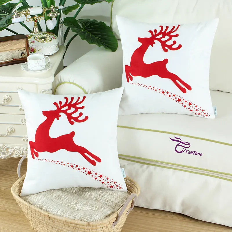 2PCS Square CaliTime Cushion Pillow Covers Shell Holiday Christmas Reindeer Decorative 18&quot X 18&quot(45cm 45cm) Red | Дом и сад