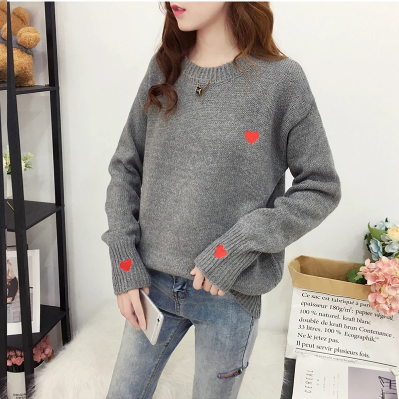 FMFSSOM Autumn Winter Knitted Heart Printed Women Pullovers Sweater Casual Woolen Warm O-neck Long Sleeve Female | Женская одежда