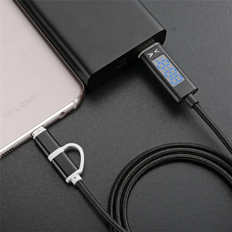 LEORY 2 в 1 type-c/Micro USB кабель для телефона Напряжение тока светодиодный дисплей type-c Micro USB синхронизации зарядный кабель для huawei mate 20