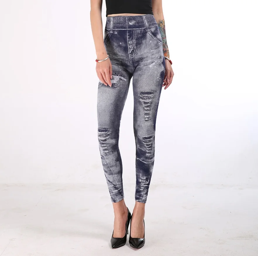 

TENTEN Women High Waist Leggings Fashion Push Up Jeans Slim Stretch Pencil Pants Fitness Sexy Fake Denim Jeggings Pencil Pants