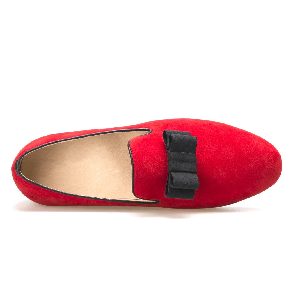 Красные и черные мужские бархатные туфли ручной работы с бантиком лоферы на