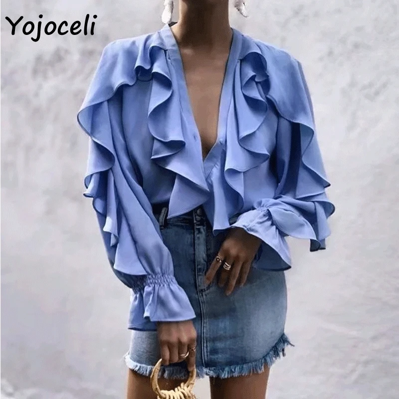 Yojoceli Синий рюшами женские блузки рубашки лето 2019 г. Уличная blusas feamle повседневное v