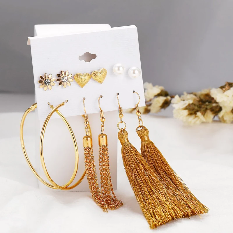 Belleper New Design Tassel Earring Sets Women Geometric Bohemian Gold Flower Long Tassel Earring Set Fashion Wedding Jewelry