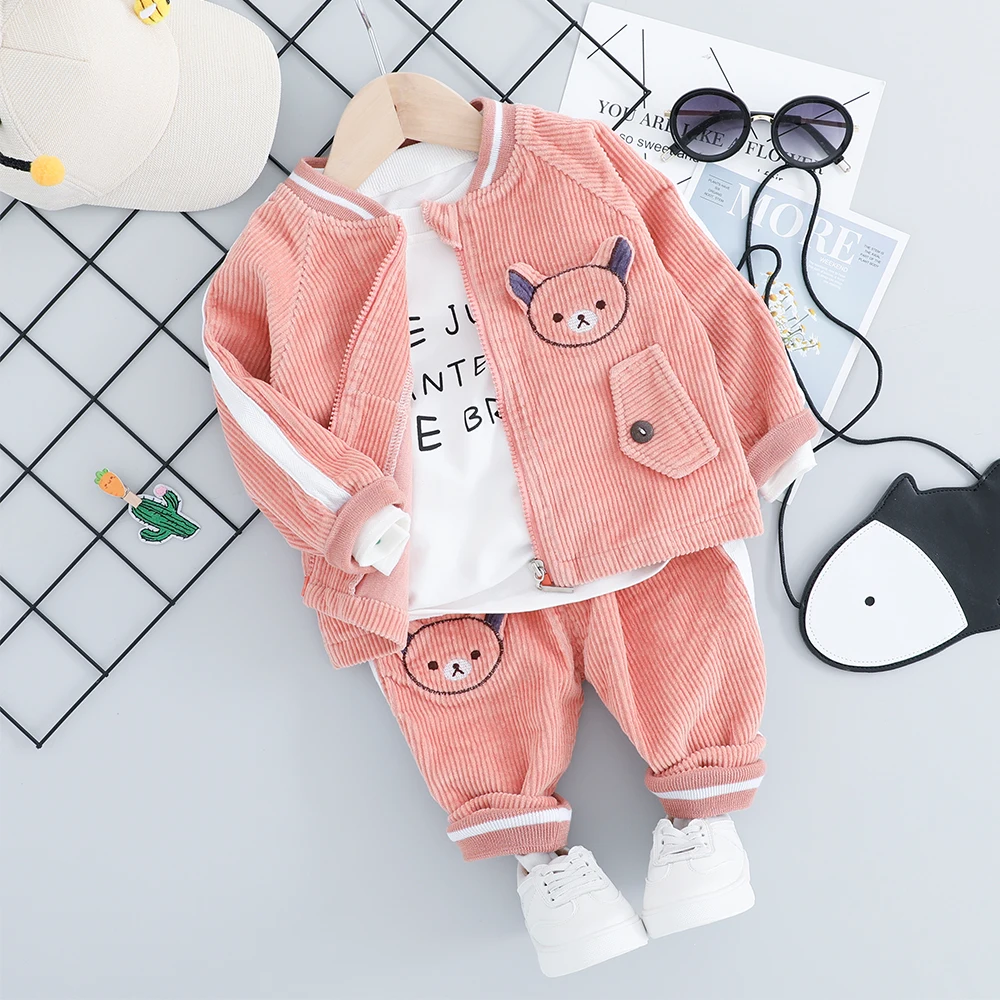 Pink No Shoes Новые детские комплекты одежды, модный осенний костюм из 3 предметов для маленьких мальчиков и девочек 1, 2, 3, 4 лет, куртка+ футболка+ штаны - Цвет: Pink No Shoes
