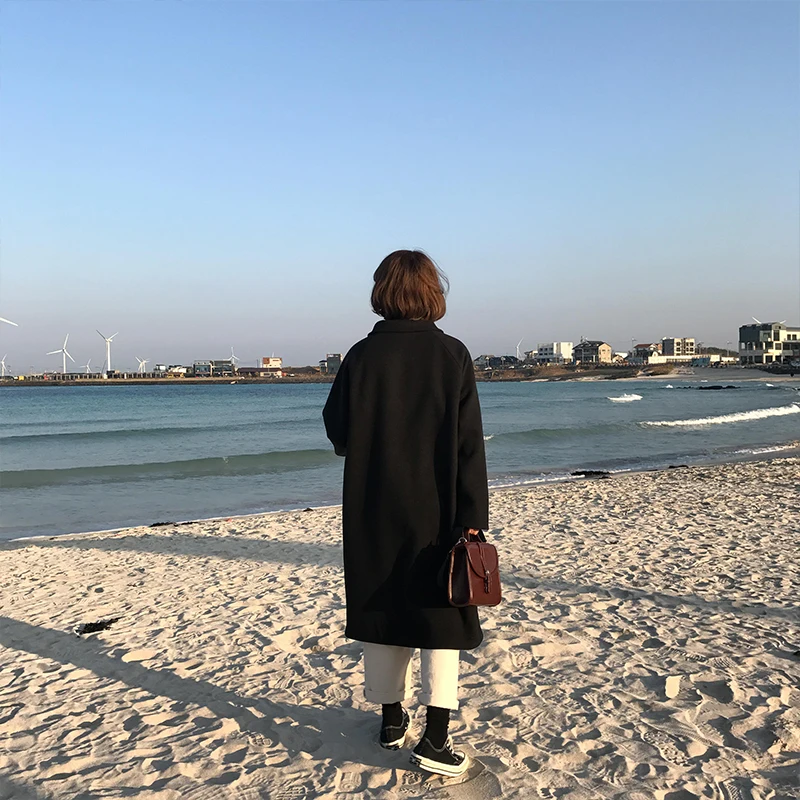 2 цвета осенне зимнее корейское однобортное шерстяное пальто средней длины с